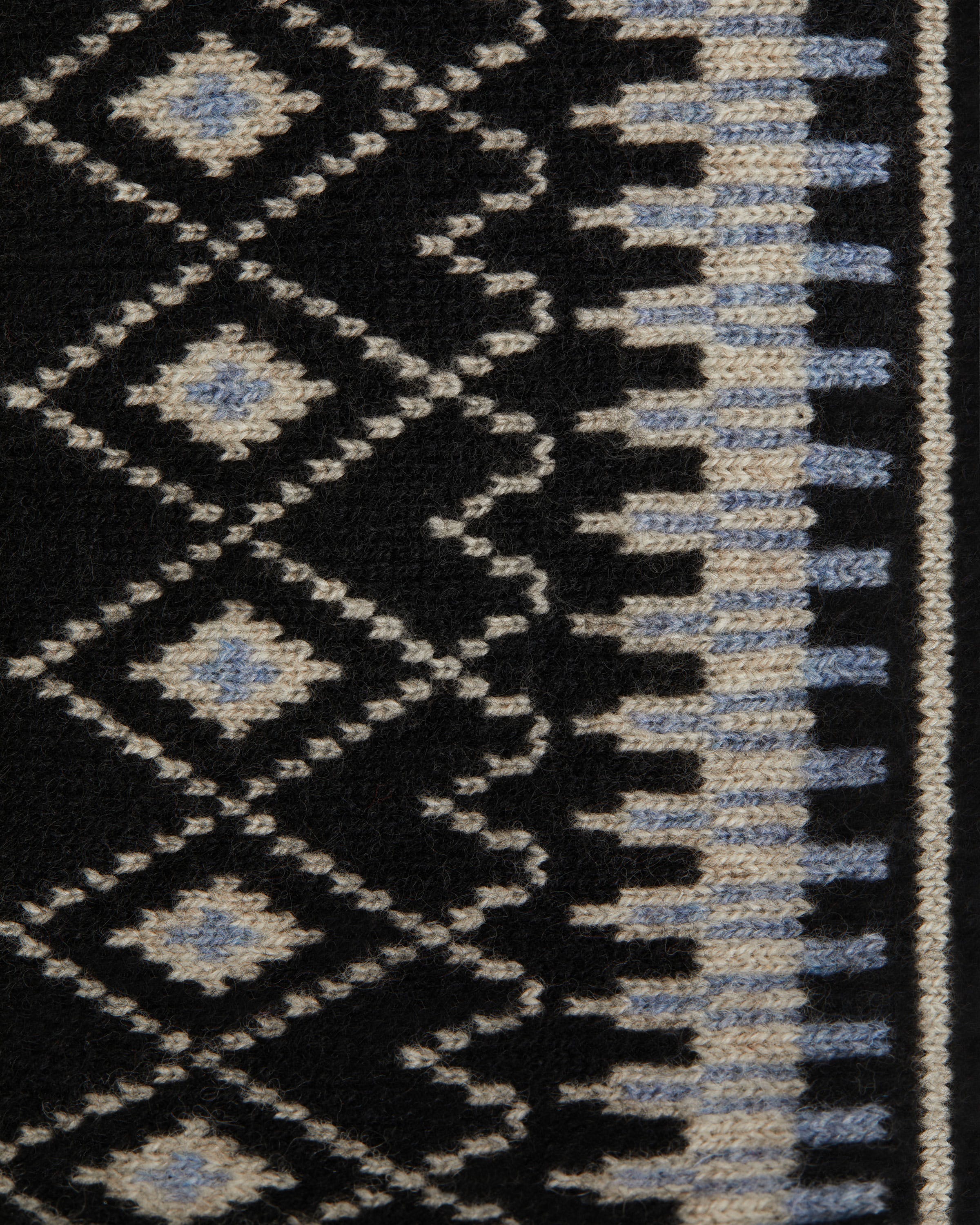 A close up of a black and white rug