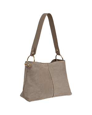 A grey handbag with a brown strap