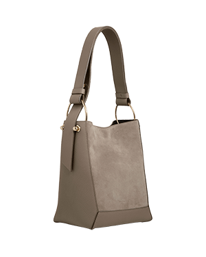 A grey handbag with a strap