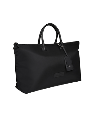 A black handbag with a leather handle