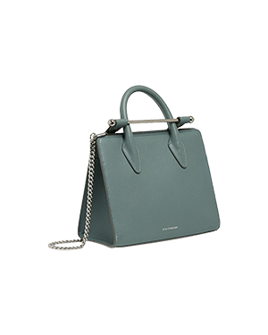 A grey handbag with a chain strap