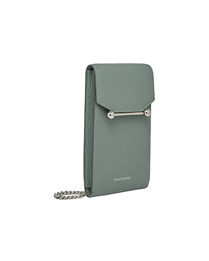 A gray wallet with a chain hanging from it