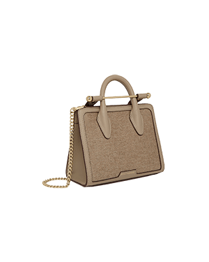 A beige handbag with a chain strap