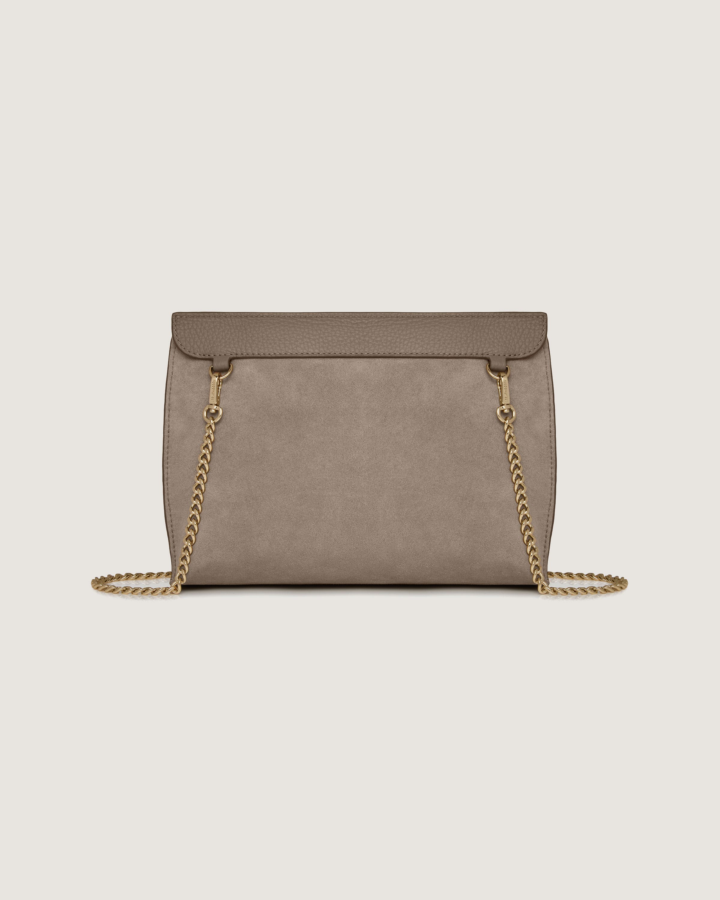 A beige clutch bag with a chain strap