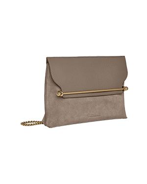 A beige clutch bag with a gold chain