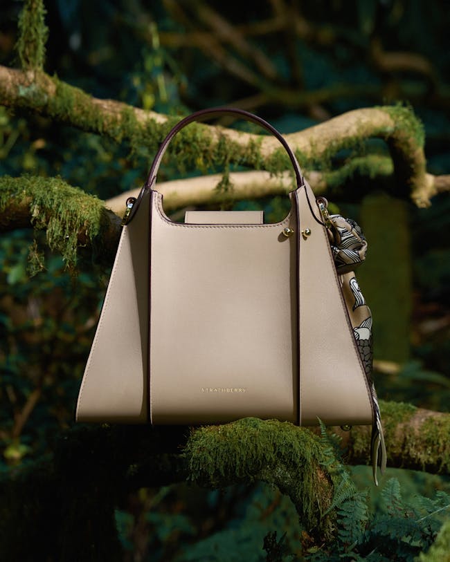A white purse hanging from a tree branch