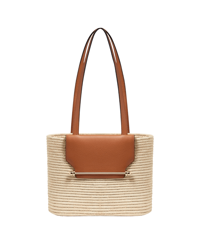 A brown and white handbag on a green background