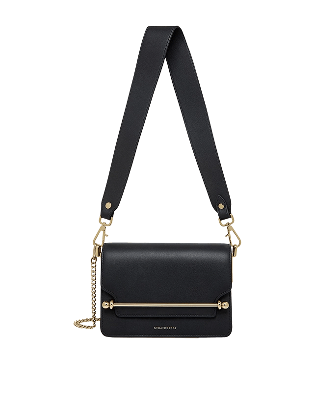 A black cross body bag with a chain strap