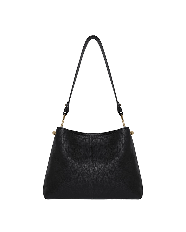 A black leather handbag with a long strap