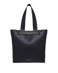 A black leather tote bag