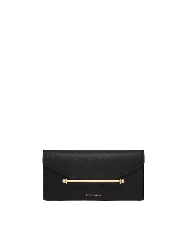 A black wallet with a gold bar on the front