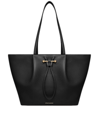 A black leather handbag with a handle