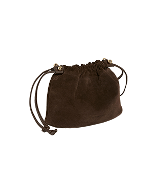 A brown sued bag with a drawstring strap