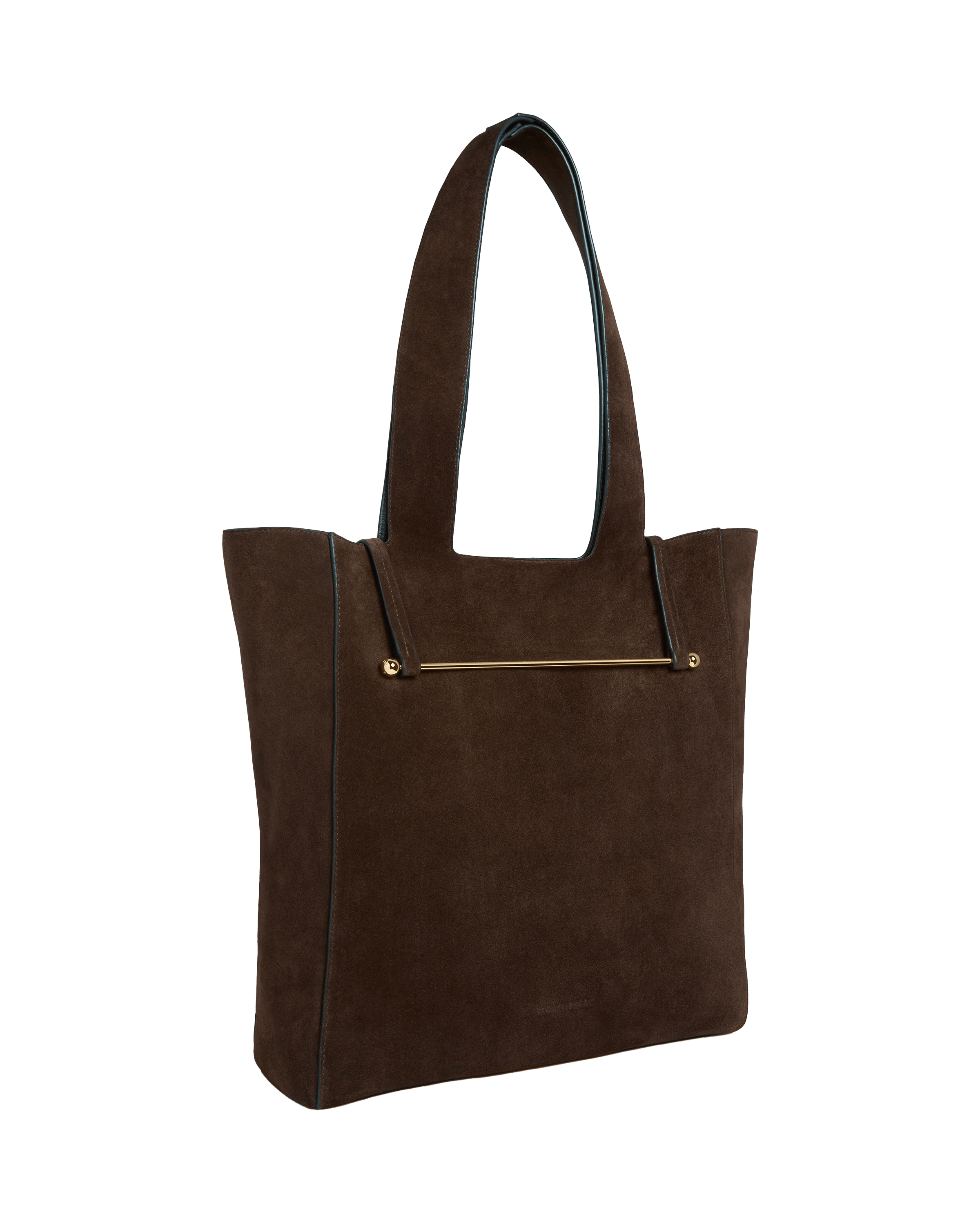 A brown sued handbag with a gold zipper