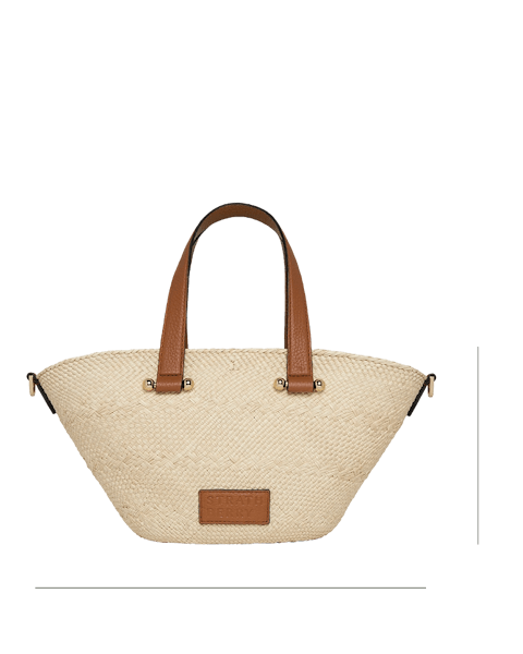 A white and brown handbag with a brown handle