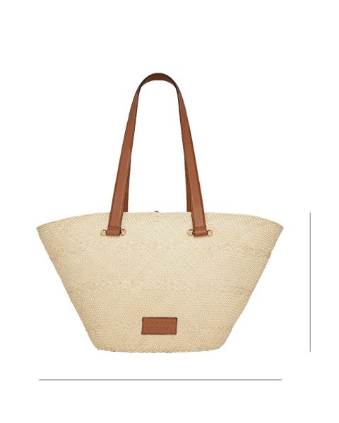 A white and brown bag with a brown handle