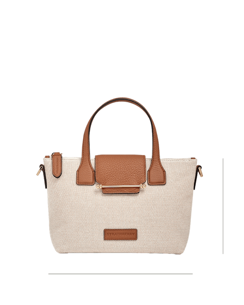 A white and tan handbag with a brown handle