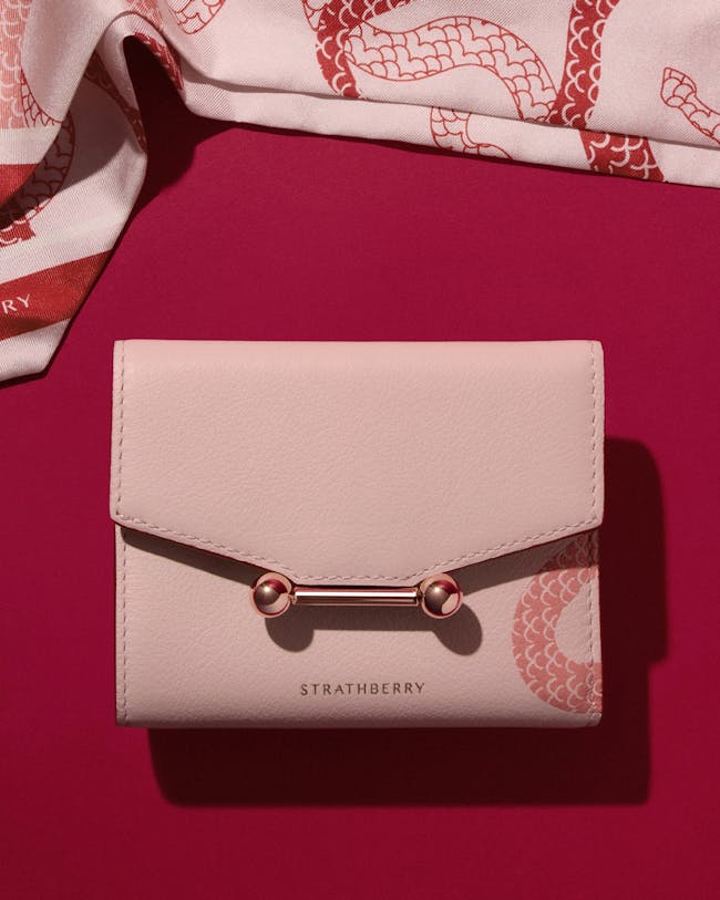 A pink wallet and a pink and white scarf