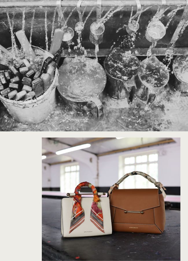 A black and white photo of a handbag and a purse