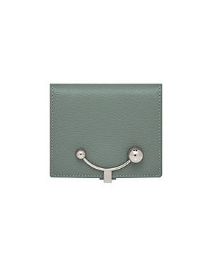 A gray leather wallet with a metal hook