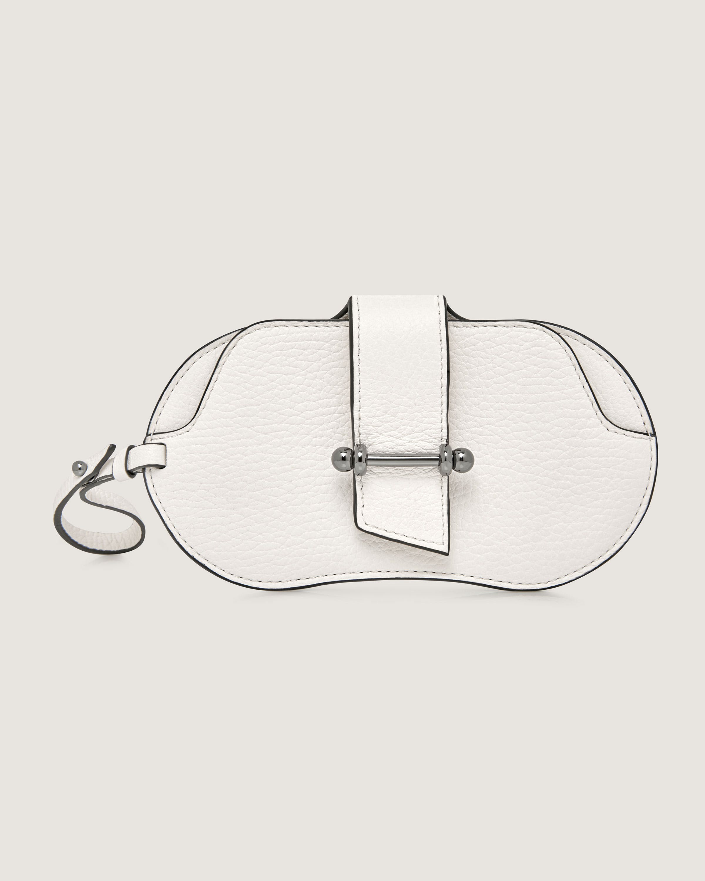 A white leather purse with a strap