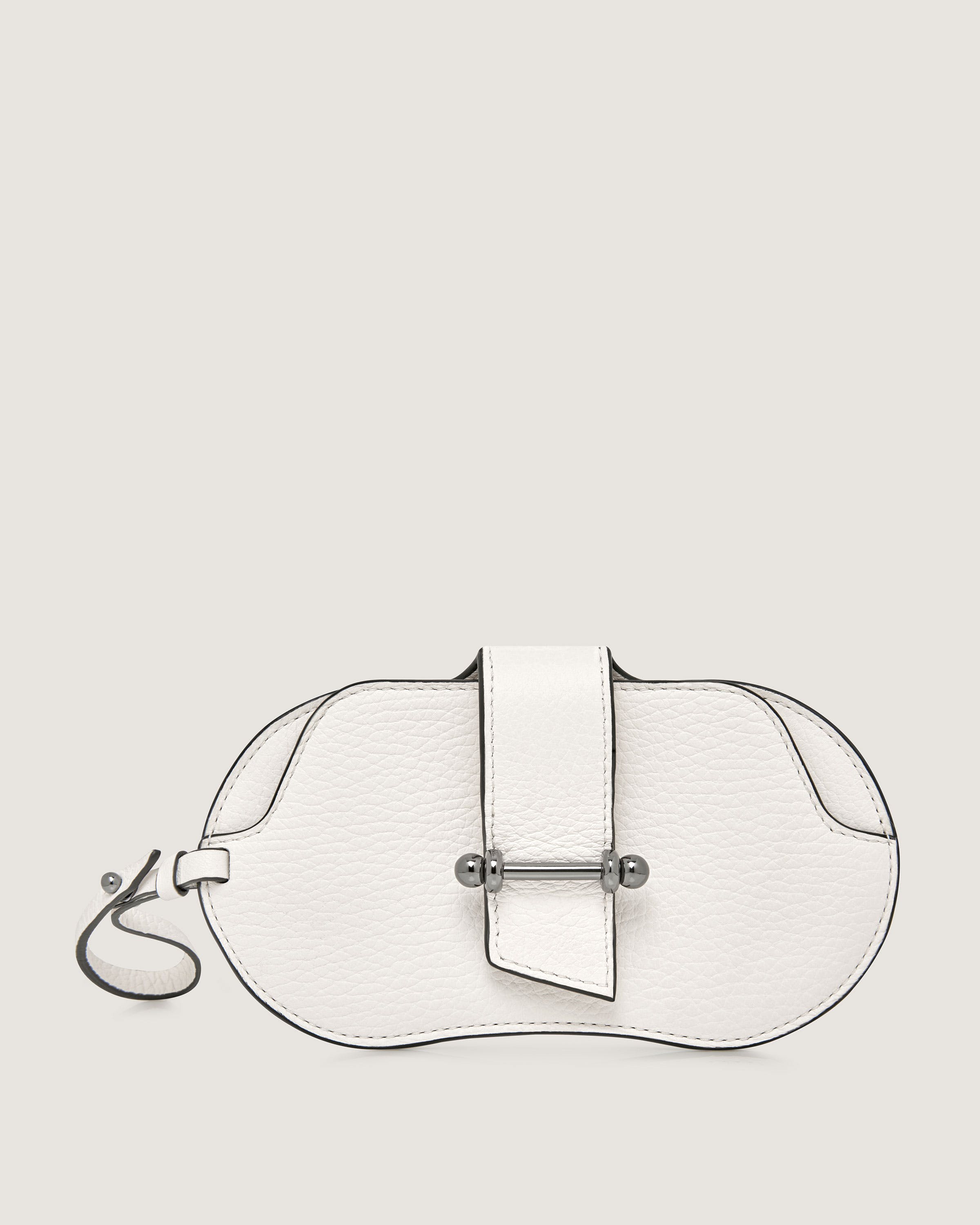 A white purse with a strap on it