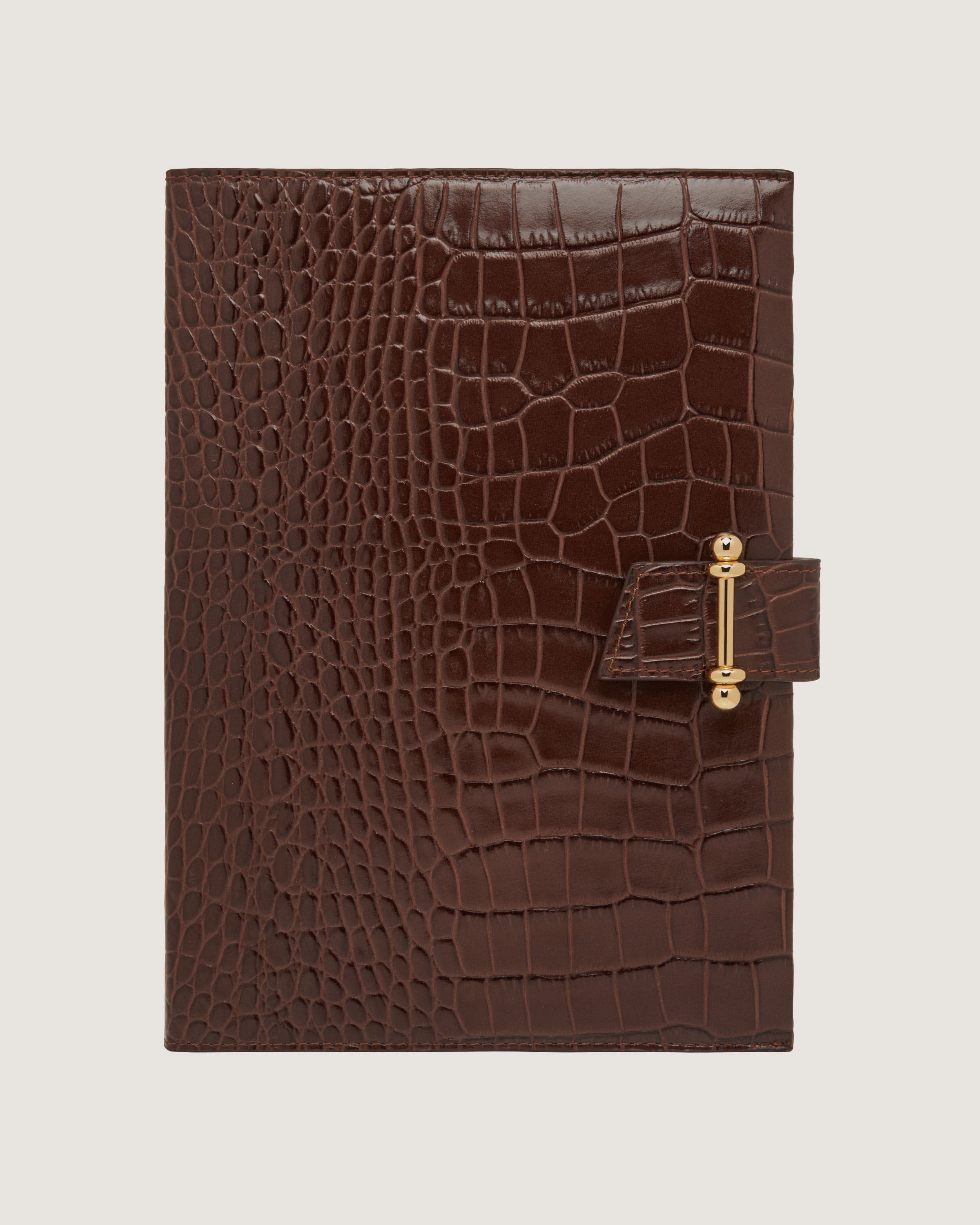 A brown alligator skin notebook with a gold lock