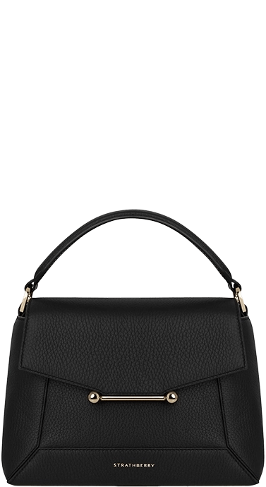 A black handbag with a metal handle