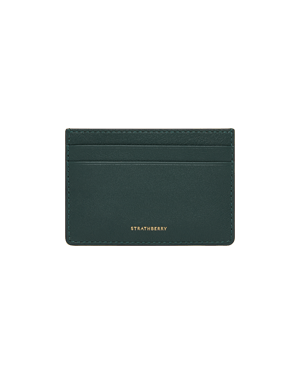 A black card case with a gold logo on the front