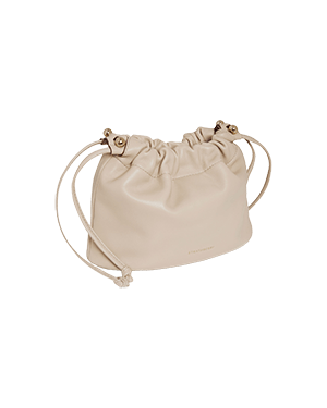 A white leather bag with a drawstring strap