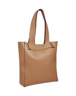 A tan leather tote bag on a white background