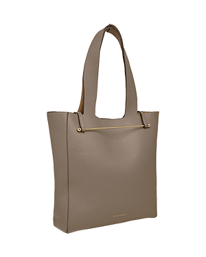 A beige leather tote bag on a white background