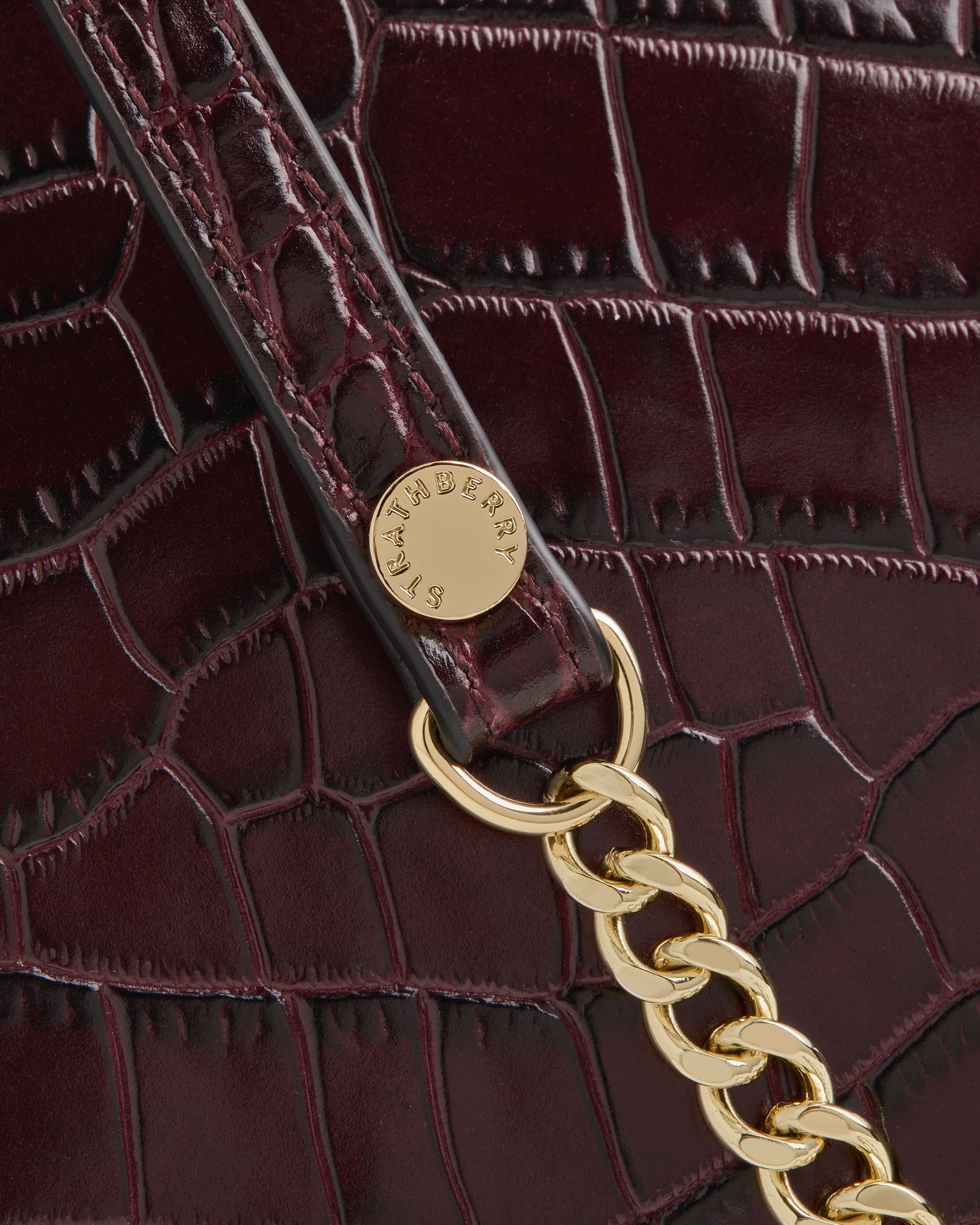 A close up of a handbag with a chain