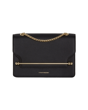 Strathberry black east/west leather bag with gold bar and chain