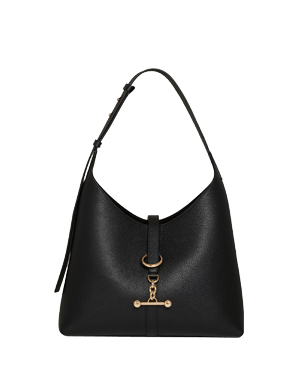Black hobo bag with single top strap and gold bar clasp