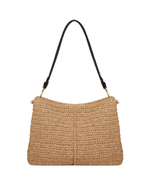 Raffia hobo bag with black shoulder strap, woven texture, curved top