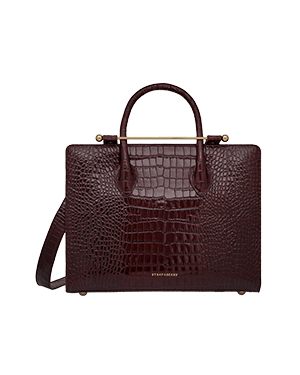 Strathberry croc-embossed midi tote in dark brown with top handles and shoulder strap