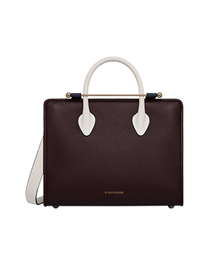 Strathberry midi tote burgundy body, vanilla handles, navy shoulder strap.