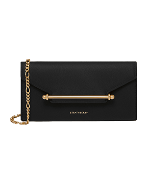 Black Strathberry Multrees chain wallet with gold bar detail and chain strap.