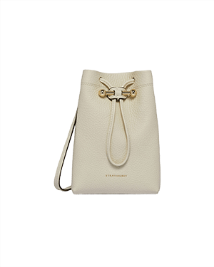 Vanilla leather Osette midi pouch with drawstring closure, shoulder strap, Strathberry logo.