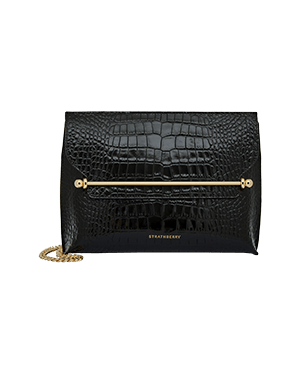 Strathberry black croc stylist bag front with gold bar and chain