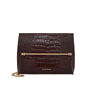 Strathberry Stylist bag in burgundy croc with gold bar and chain