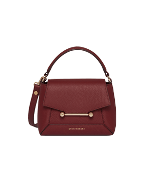 Strathberry Mosaic Nano oxblood leather handbag with top handle and bar clasp.