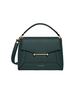 Bottle green Strathberry mosaic bag with top handle and gold hardware.