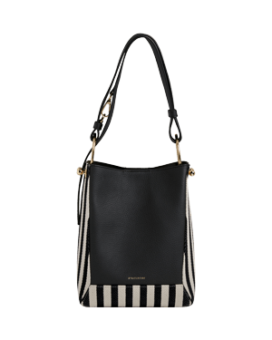 Strathberry Lana Midi bucket bag in striped canvas with black leather front