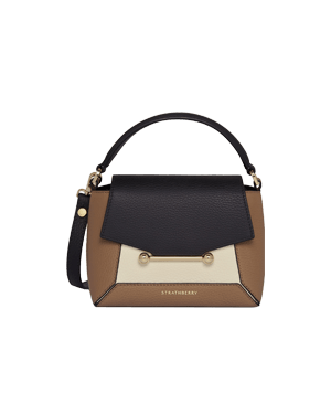 Strathberry Mosaic Nano bag in clay, black and white leather with top handle and strap.