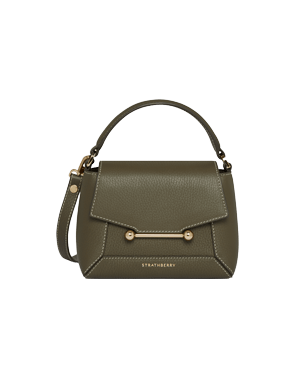 Strathberry Mosaic Nano bag in khaki with top handle and gold hardware.