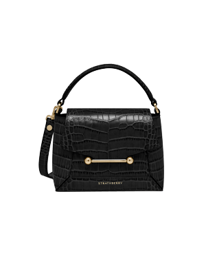 Strathberry Mosaic Nano bag in soft croc black with top handle and gold bar closure.