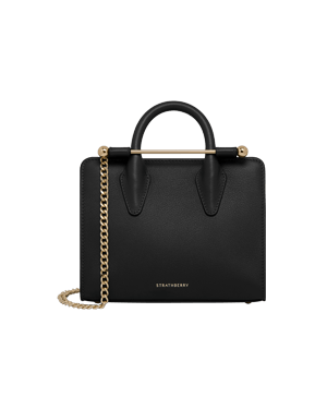Black Strathberry nano tote with top handles and gold chain strap.