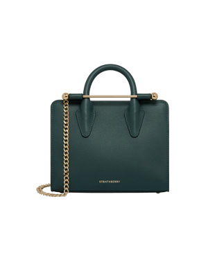 Bottle green Strathberry nano tote with gold bar and chain strap.